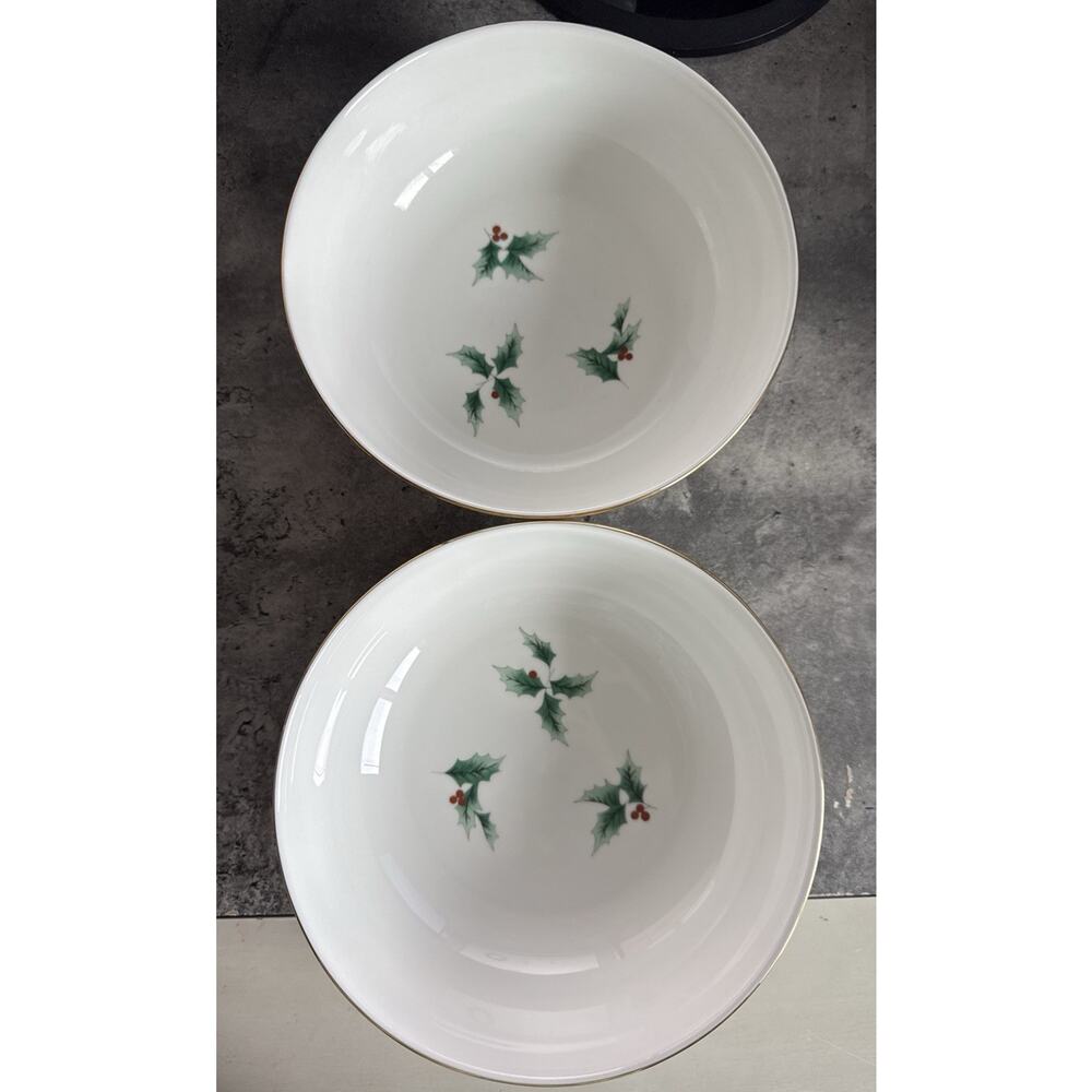 MIKASA Bone China Holiday Ribbon Holly 8" Vegetable Serving Bowls Set Of 2